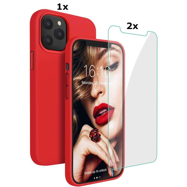 Ntech Hoesje Geschikt voor iPhone 13 Pro Max Soft Nano siliconen Gel Rood Hoesje Met 2X Glazen screenprotector