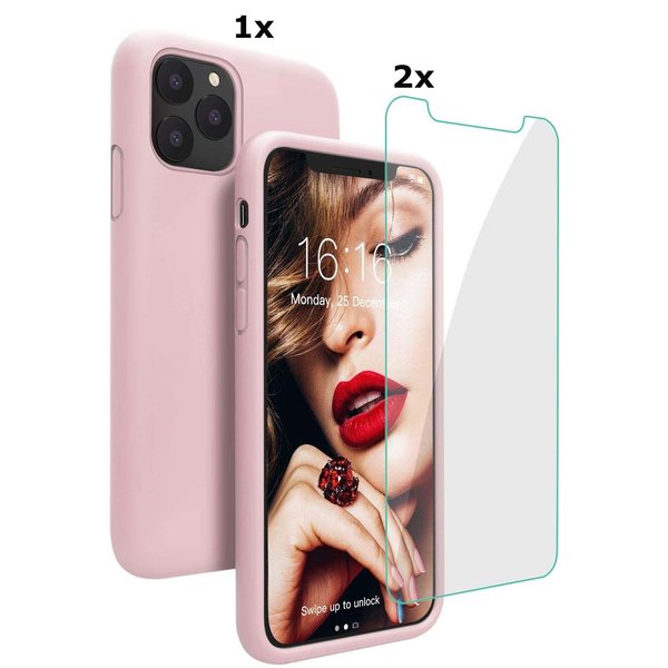 Ntech Hoesje Geschikt voor iPhone 13 Soft Nano siliconen Gel Licht Roze Hoesje Met 2X Glazen screenprotector