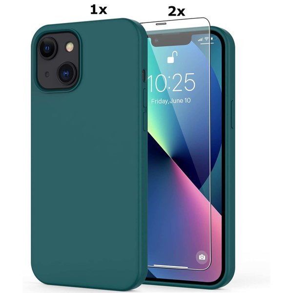 Ntech Hoesje Geschikt voor iPhone 13 Soft Nano siliconen Gel Donkergroen Hoesje Met 2X Glazen screenprotector