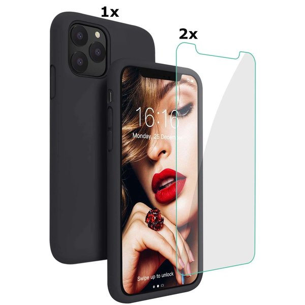 Ntech Hoesje Geschikt voor iPhone 12/12 Pro Soft Nano siliconen Gel Zwart Hoesje Met 2X Glazen screenprotector