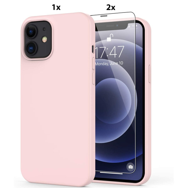 Ntech Hoesje Geschikt voor iPhone 12 Pro Soft Nano siliconen Gel Licht Roze Hoesje Met 2X Glazen screenprotector