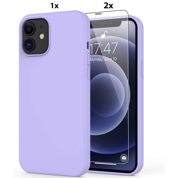 Ntech Hoesje Geschikt voor iPhone 12/12 Pro Soft Nano siliconen Gel Lila Paars Hoesje Met 2X Glazen screenprotector