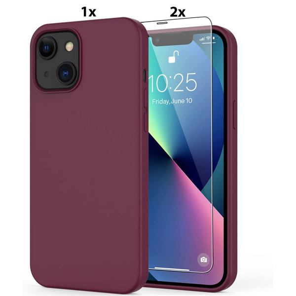 Ntech Hoesje Geschikt voor iPhone 12/12 Pro Soft Nano siliconen Gel Bordeaux Rood Hoesje Met 2X Glazen screenprotector