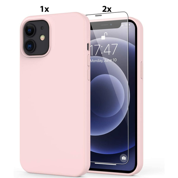 Ntech Hoesje Geschikt voor iPhone 12 Pro Soft Nano siliconen Gel Licht Roze Hoesje Met 2X Glazen screenprotector