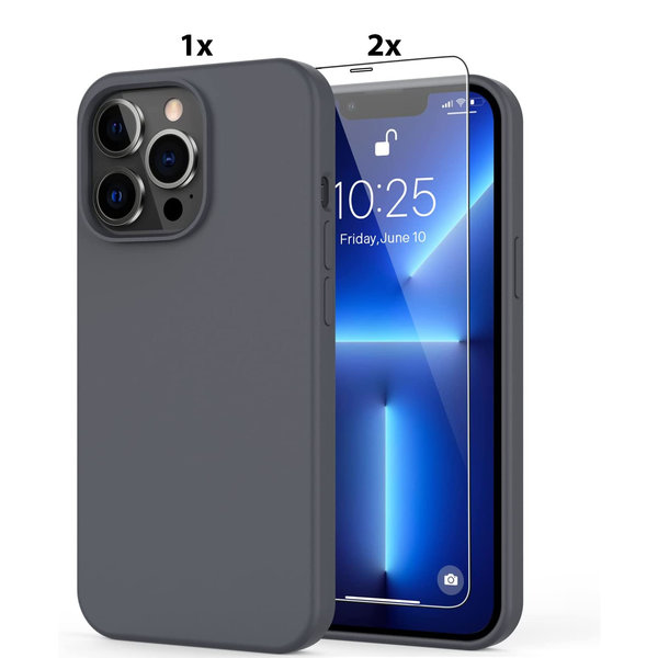Ntech Hoesje Geschikt voor iPhone 12 Mini Soft Nano siliconen Gel Grijs Hoesje Met 2X Glazen screenprotector