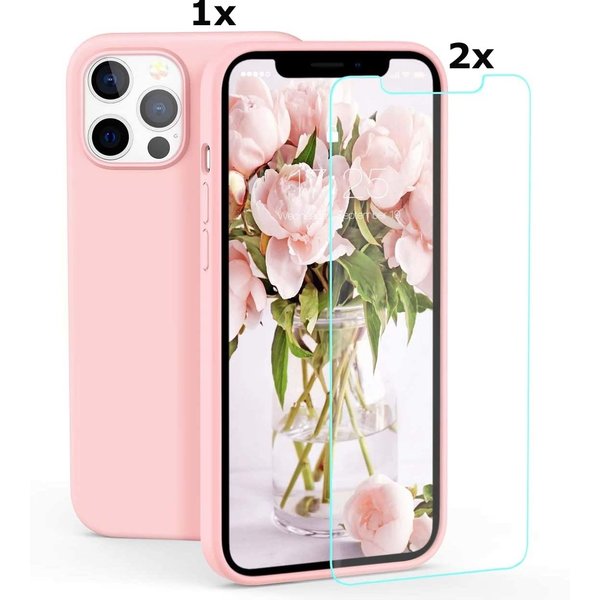 Ntech Hoesje Geschikt voor iPhone 12 Mini Soft Nano siliconen Gel Roze Hoesje Met 2X Glazen screenprotector