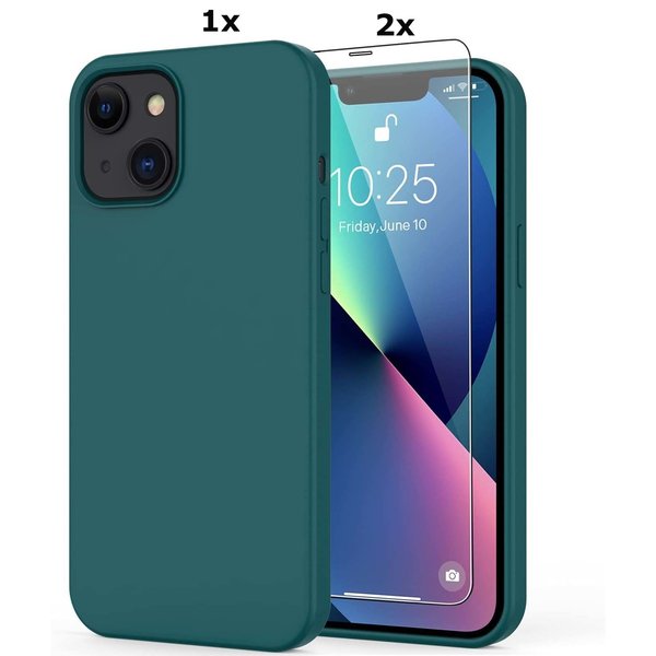 Ntech Hoesje Geschikt voor iPhone 12 Mini Soft Nano siliconen Gel Donkergroen Hoesje Met 2X Glazen screenprotector