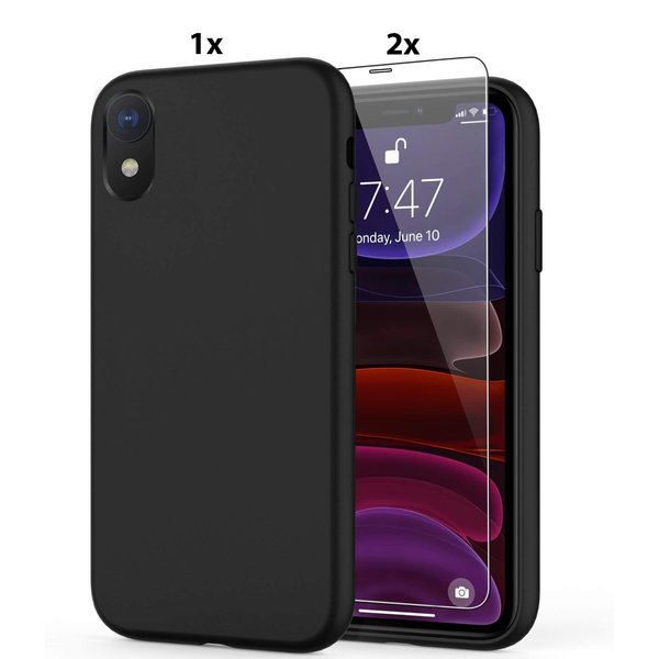 Ntech Hoesje Geschikt voor iPhone XR Soft Nano siliconen Gel Zwart Hoesje Met 2X Glazen screenprotector