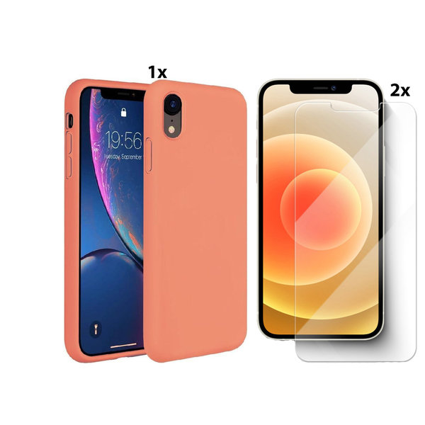 Ntech Hoesje Geschikt voor iPhone XR Soft Nano siliconen Gel Fluo Roze Hoesje Met 2X Glazen screenprotector