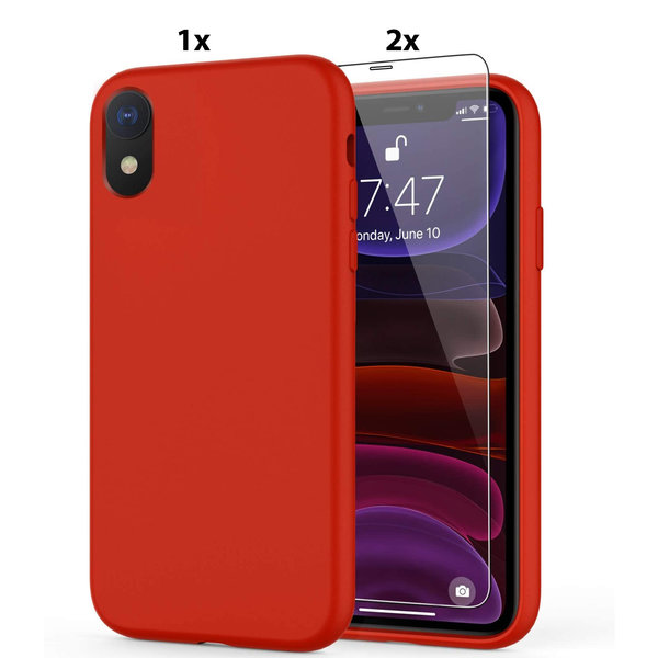 Ntech Hoesje Geschikt voor iPhone XR Soft Nano siliconen Gel Rood Hoesje Met 2X Glazen screenprotector