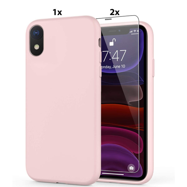 Ntech Hoesje Geschikt voor iPhone XR Soft Nano siliconen Gel Licht Roze Hoesje Met 2X Glazen screenprotector