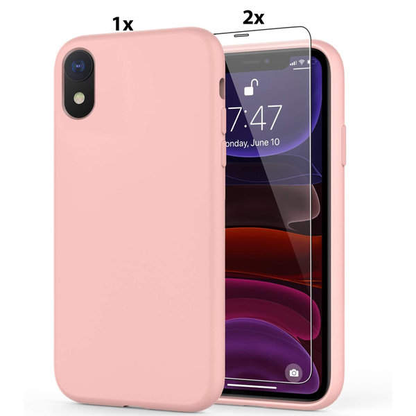 Ntech Hoesje Geschikt voor iPhone XR Soft Nano siliconen Gel Roze Hoesje Met 2X Glazen screenprotector