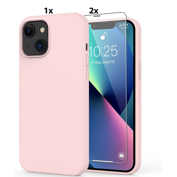 Ntech Hoesje Geschikt voor iPhone 13 Mini Soft Nano siliconen Gel Licht Roze Hoesje Met 2X Glazen screenprotector