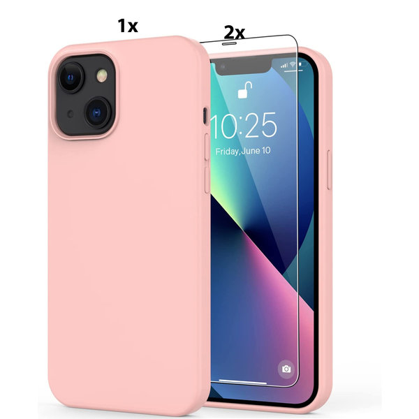 Ntech Hoesje Geschikt voor iPhone 13 Mini Soft Nano siliconen Gel Roze Hoesje Met 2X Glazen screenprotector