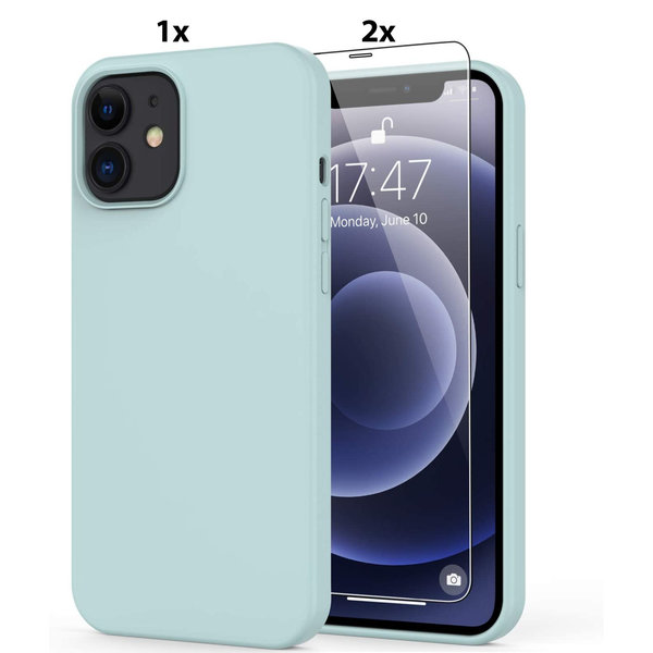 Ntech Hoesje Geschikt voor iPhone 13 Mini Soft Nano siliconen Gel Mint Groen Hoesje Met 2X Glazen screenprotector