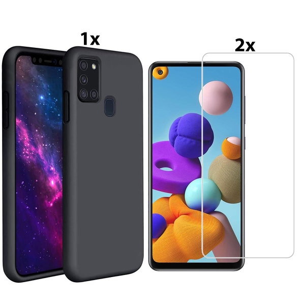 Ntech Hoesje Geschikt Voor Samsung Galaxy A21s Hoesje Soft Nano Silicone Backcover Gel Zwart Met 2x Glazen Screenprotector