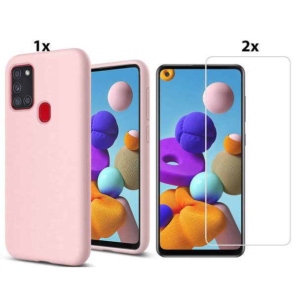 Ntech Hoesje Geschikt Voor Samsung Galaxy A21s Hoesje Soft Nano Silicone Backcover Gel Roze Met 2x Glazen Screenprotector