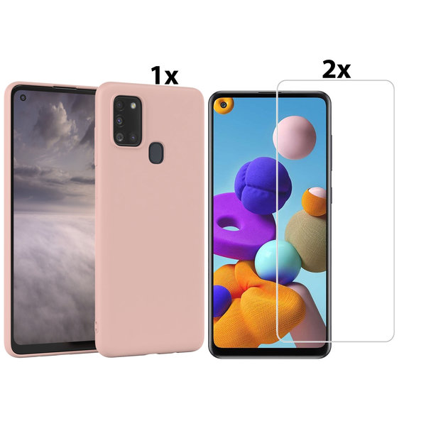 Ntech Hoesje Geschikt Voor Samsung Galaxy A21s Hoesje Soft Nano Silicone Backcover Gel Licht Roze Met 2x Glazen Screenprotector