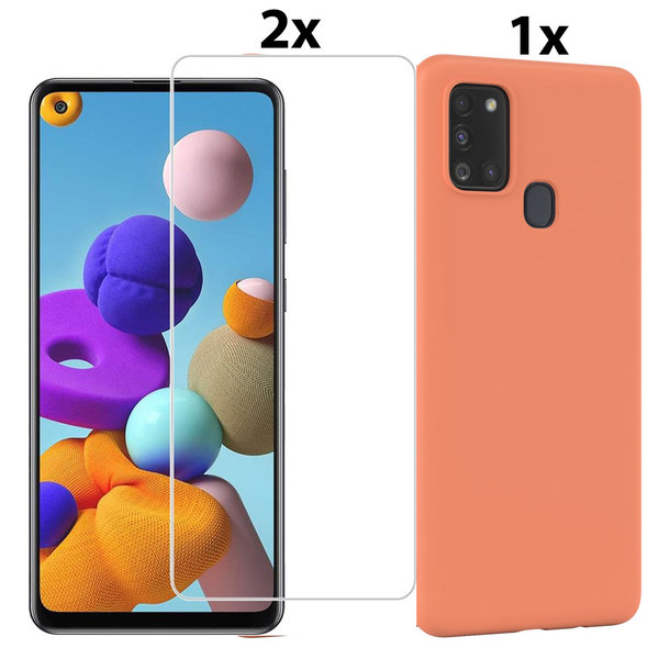 Ntech Hoesje Geschikt Voor Samsung Galaxy A21s Hoesje Soft Nano Silicone Backcover Gel Oranje Met 2x Glazen Screenprotector