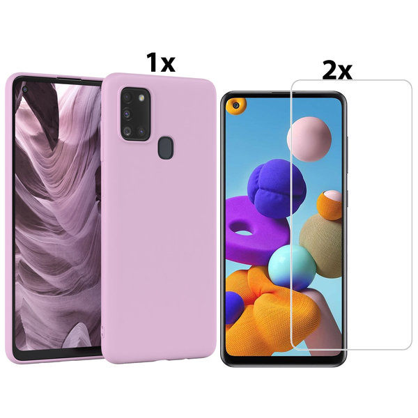 Ntech Hoesje Geschikt Voor Samsung Galaxy A21s Hoesje Soft Nano Silicone Backcover Gel Lila Paars Met 2x Glazen Screenprotector