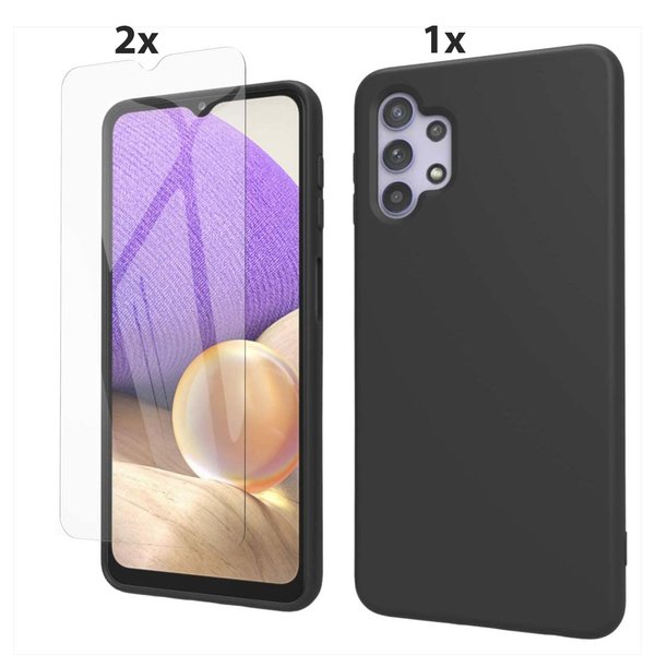 Ntech Hoesje Geschikt Voor Samsung Galaxy A32 5G Hoesje Soft Nano Silicone Backcover Gel Zwart Met 2x Glazen Screenprotector