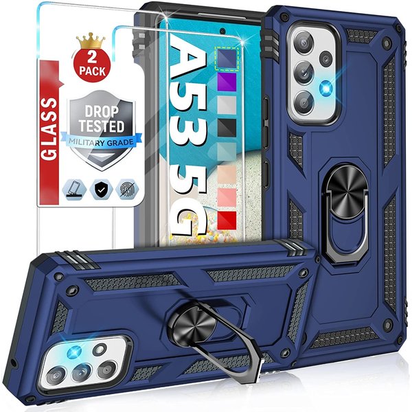 Ntech Hoesje Geschikt Voor Samsung Galaxy A53 Hoesje Anti-Shock Hybrid Armor hoesje Blauw - Hoesje Geschikt Voor Samsung Galaxy A53 5G kickstand Ring houder TPU backcover hoesje - met screenprotector Galaxy A53 5G - 2 pack