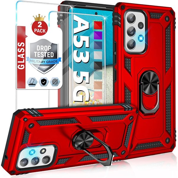 Ntech Hoesje Geschikt Voor Samsung Galaxy A53 Hoesje Anti-Shock Hybrid Armor hoesje Rood - Hoesje Geschikt Voor Samsung Galaxy A53 5G kickstand Ring houder TPU backcover hoesje - met screenprotector Galaxy A53 5G - 2 pack