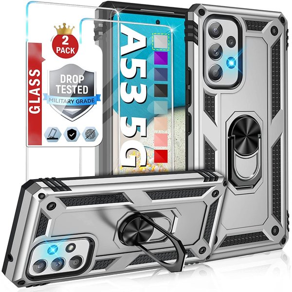 Ntech Samsung A53 Hoesje Anti-Shock Hybrid Armor hoesje Zliver - Samsung Galaxy A53 5G kickstand Ring houder TPU backcover hoesje - met screenprotector Galaxy A53 5G - 2 pack