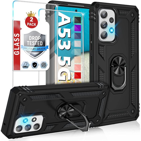 Ntech Hoesje Geschikt Voor Samsung Galaxy A53 Hoesje Anti-Shock Hybrid Armor hoesje Zwart - Hoesje Geschikt Voor Samsung Galaxy A53 5G kickstand Ring houder TPU backcover hoesje - met screenprotector Galaxy A53 5G - 2 pack