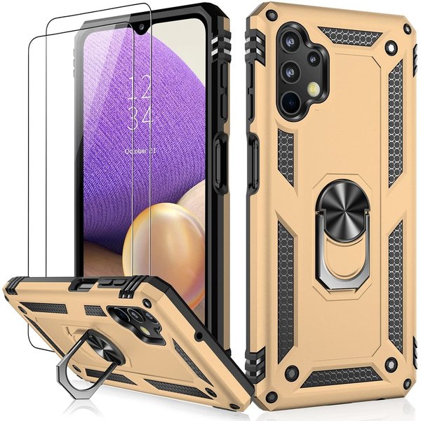 Ntech Hoesje Geschikt Voor Samsung Galaxy A13 4G Hoesje Hybrid Armor case Goud - Hoesje Geschikt Voor Samsung Galaxy A13 4G hoesje kickstand Ring houder TPU backcover Anti-Shock hoesje - met screenprotector Galaxy A13 4G - 2 pack