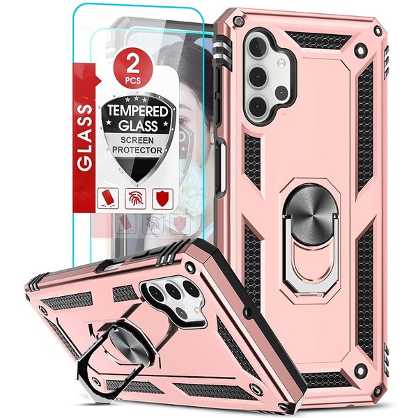 Ntech Hoesje Geschikt Voor Samsung Galaxy A13 4G Hoesje Hybrid Armor case Rose Goud - Hoesje Geschikt Voor Samsung Galaxy A13 4G hoesje kickstand Ring houder TPU backcover Anti-Shock hoesje - met screenprotector Galaxy A13 4G - 2 pack