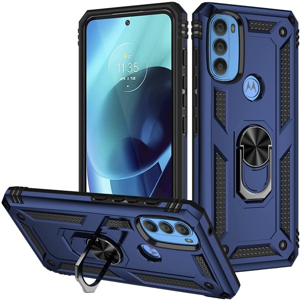 Ntech Hoesje geschikt voor Moto G71 hoes Hybrid Armor Anti-Shock hoesje Blauw - Hoesje geschikt voor Moto G71 Hoesje kickstand Ring houder cover TPU backcover hoesje
