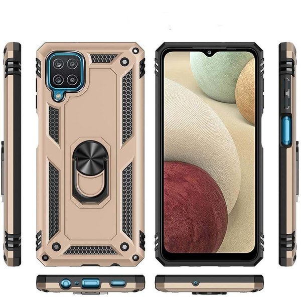 Ntech Hoesje Geschikt Voor Samsung Galaxy A12 5G hoesje Hybrid Armor Anti-Shock hoesje Goud - Galaxy A12 5G - A12 5G Hoesje kickstand Ring houder cover TPU backcover hoesje