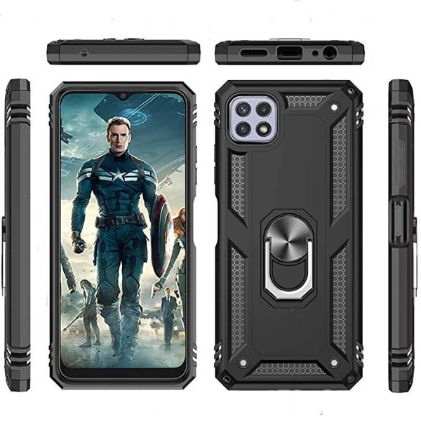 Ntech Hoesje Geschikt Voor Samsung Galaxy A22 5G hoesje Hybrid Armor Anti-Shock hoesje Zwart - Galaxy A22 5G - A22 5G Hoesje kickstand Ring houder cover TPU backcover hoesje