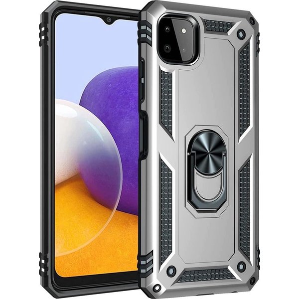 Ntech Hoesje Geschikt Voor Samsung Galaxy A22 5G hoesje Hybrid Armor Anti-Shock hoesje Zilver - Galaxy A22 5G - A22 5G Hoesje kickstand Ring houder cover TPU backcover hoesje