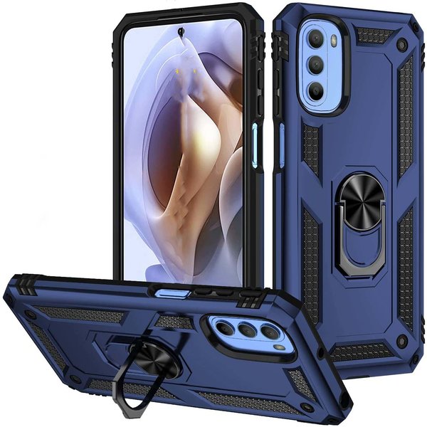 oTronica Geschikt voor Moto G41 hoes Hybrid Armor Anti-shock ringhouder Blauw - Geschikt voor Moto g41 hoesje - Geschikt voor Moto g41 case - Geschikt voor Moto g41  ring hoesje