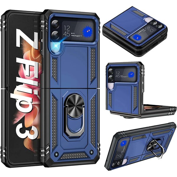 oTronica Hoesje Geschikt Voor Samsung Galaxy Z Flip 3 5G Hoesje Armor Anti-shock Backcover Blauw - Galaxy Z Flip 3 5G - Z Flip 3 Backcover kickstand Ring houder cover TPU backcover oTronica