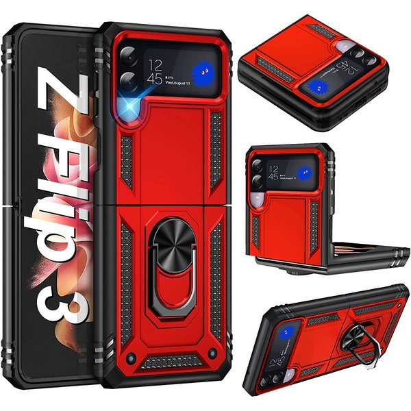 oTronica Hoesje Geschikt Voor Samsung Galaxy Z Flip 3 5G Hoesje Armor Anti-shock Backcover Rood - Galaxy Z Flip 3 5G - Z Flip 3 Backcover kickstand Ring houder cover TPU backcover oTronica