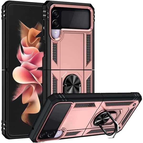 oTronica Geschikt Voor Samsung Galaxy Z Flip 3 5G Hoesje Armor Anti-shock Backcover Rose Goud - Galaxy Z Flip 3 5G - Z Flip 3 Backcover kickstand Ring houder cover TPU backcover oTronica