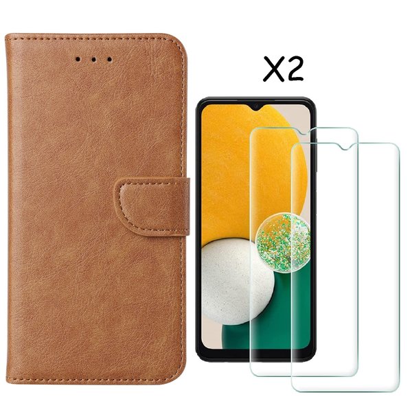 Ntech Hoesje Geschikt Voor Samsung Galaxy A03 Core hoesje bookcase Bruin - Hoesje Geschikt Voor Samsung Galaxy A03 Core bookcase portemonnee Hoesje Geschikt Voor Samsung Galaxy A03 Core screenprotector / 2X Beschermglas