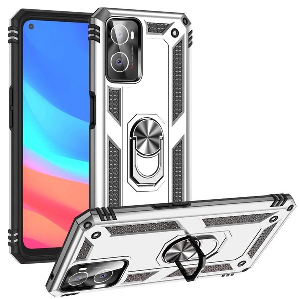 oTronica Geschikt voor Oppo A76 Hoesje Armor Anti-shock Backcover Zilver - Geschikt voor Oppo A76 - Geschikt voor Oppo A76 Backcover kickstand Ring houder cover TPU backcover oTronica