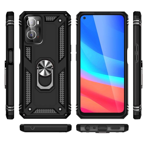 Ntech Hoesje Geschikt voor Oppo A76 hoesje Hybrid Armor Anti-Shock hoesje Zwart - Hoesje Geschikt voor Oppo A76 - A76 Hoesje kickstand Ring houder cover TPU backcover hoesje