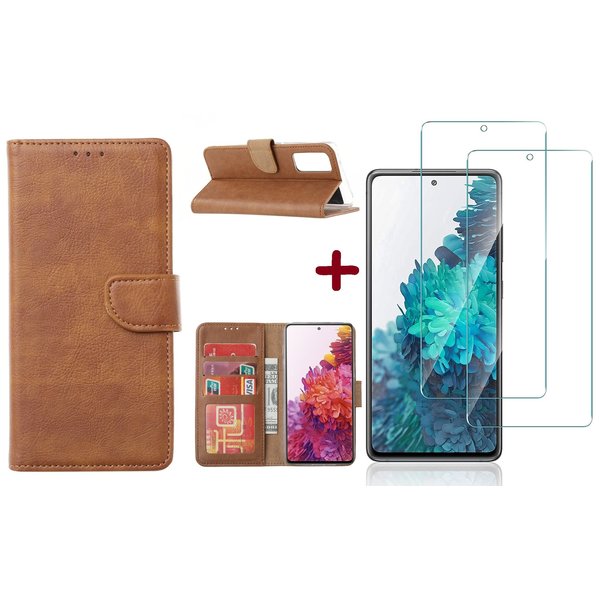 Ntech Hoesje Geschikt Voor Samsung Galaxy S20 FE 2022 hoesje - bookcase Bruin - Galaxy S20 FE wallet case portemonnee hoesje - S20 FE book case hoes cover Met 2X screenprotector / tempered glass