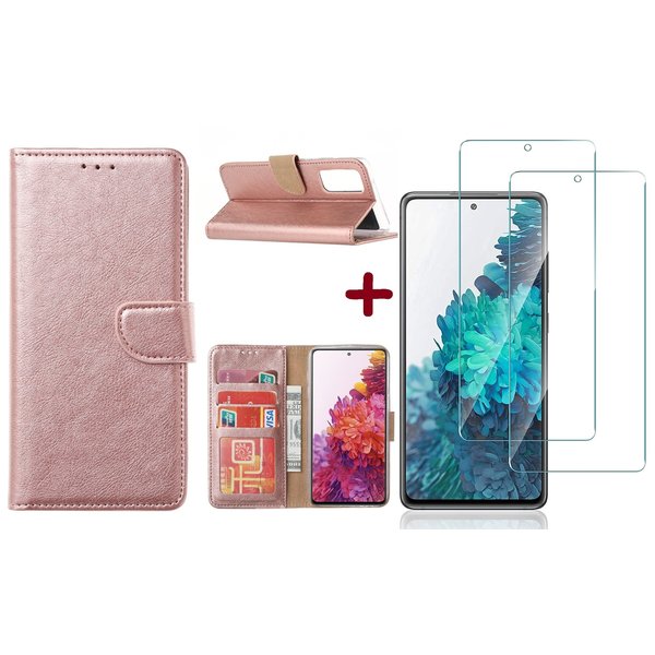 Ntech Hoesje Geschikt Voor Samsung Galaxy S20 FE 2022 hoesje - bookcase Rose Goud - Galaxy S20 FE wallet case portemonnee hoesje - S20 FE book case hoes cover Met 2X screenprotector / tempered glass