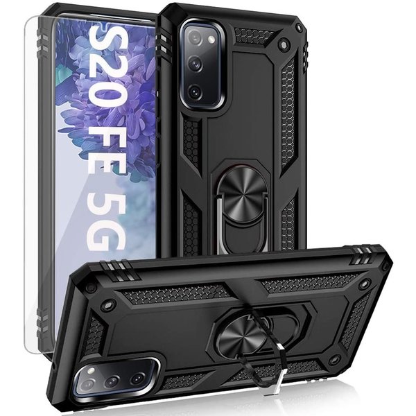 Ntech Hoesje Geschikt Voor Samsung Galaxy S20 FE 2022 Hoesje Armor case Ring houder / vinger houder TPU backcover - Zwart met 2 pack screenprotector