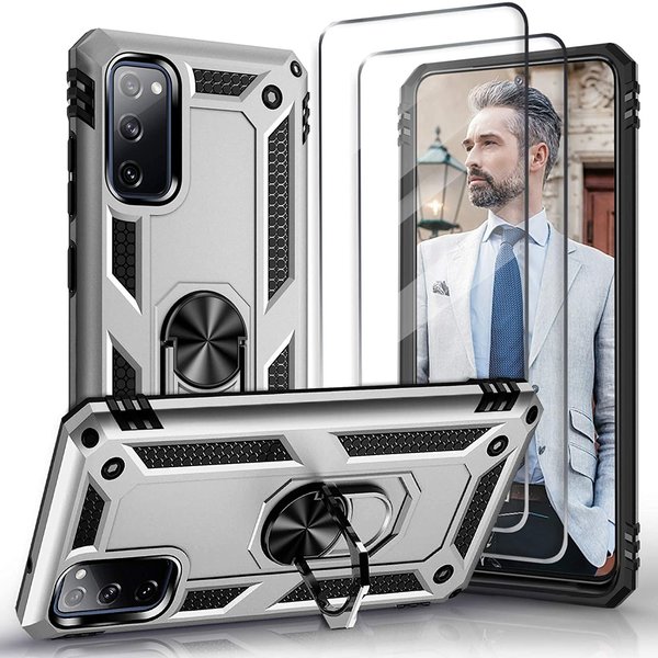 Ntech Hoesje Geschikt Voor Samsung Galaxy S20 FE 2022 Hoesje Armor case Ring houder / vinger houder TPU backcover - Zliver met 2 pack screenprotector