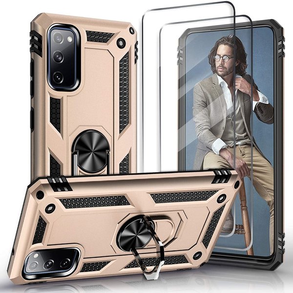 Ntech Hoesje Geschikt Voor Samsung Galaxy S20 FE 2022 Hoesje Armor case Ring houder / vinger houder TPU backcover - Goud met 2 pack screenprotector