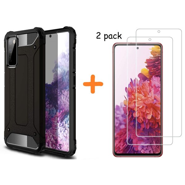 Ntech Hoesje Geschikt Voor Samsung Galaxy S20 FE 2022 Hoesje - rugged Armor Hybride case Zwart - Galaxy S20 FE screenprotector 2 pack Glazen tempered glass