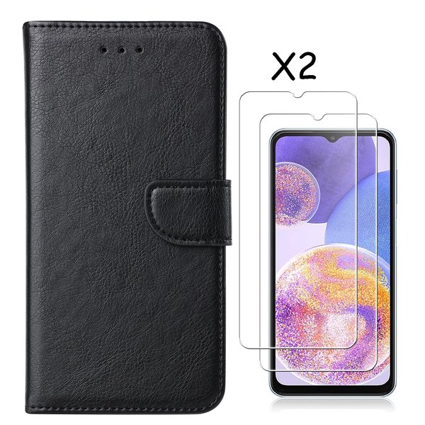 Ntech Hoesje geschikt voor Samsung Galaxy A23 (4/5G) bookcase met 2 stuks gehard glas screenprotector - Zwart