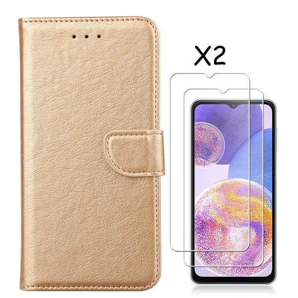 Ntech Samsung A23 4/5G hoesje bookcase Goud - Samsung Galaxy A23 4/5G bookcase portemonnee hoesje - Samsung A23 screenprotector / 2X Beschermglas